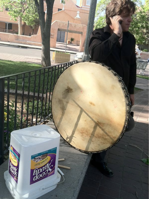 We just had a random drum session with a Scoop Away bucket and a Brazilian Pandero in Old Town, Albuquerque.
