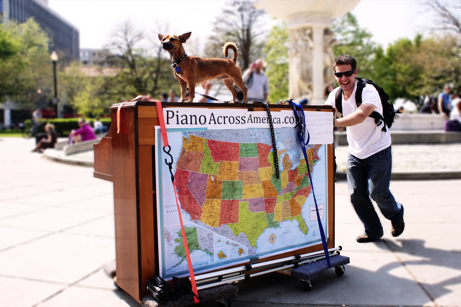 The piano with the Piano Across America map and Brando on top