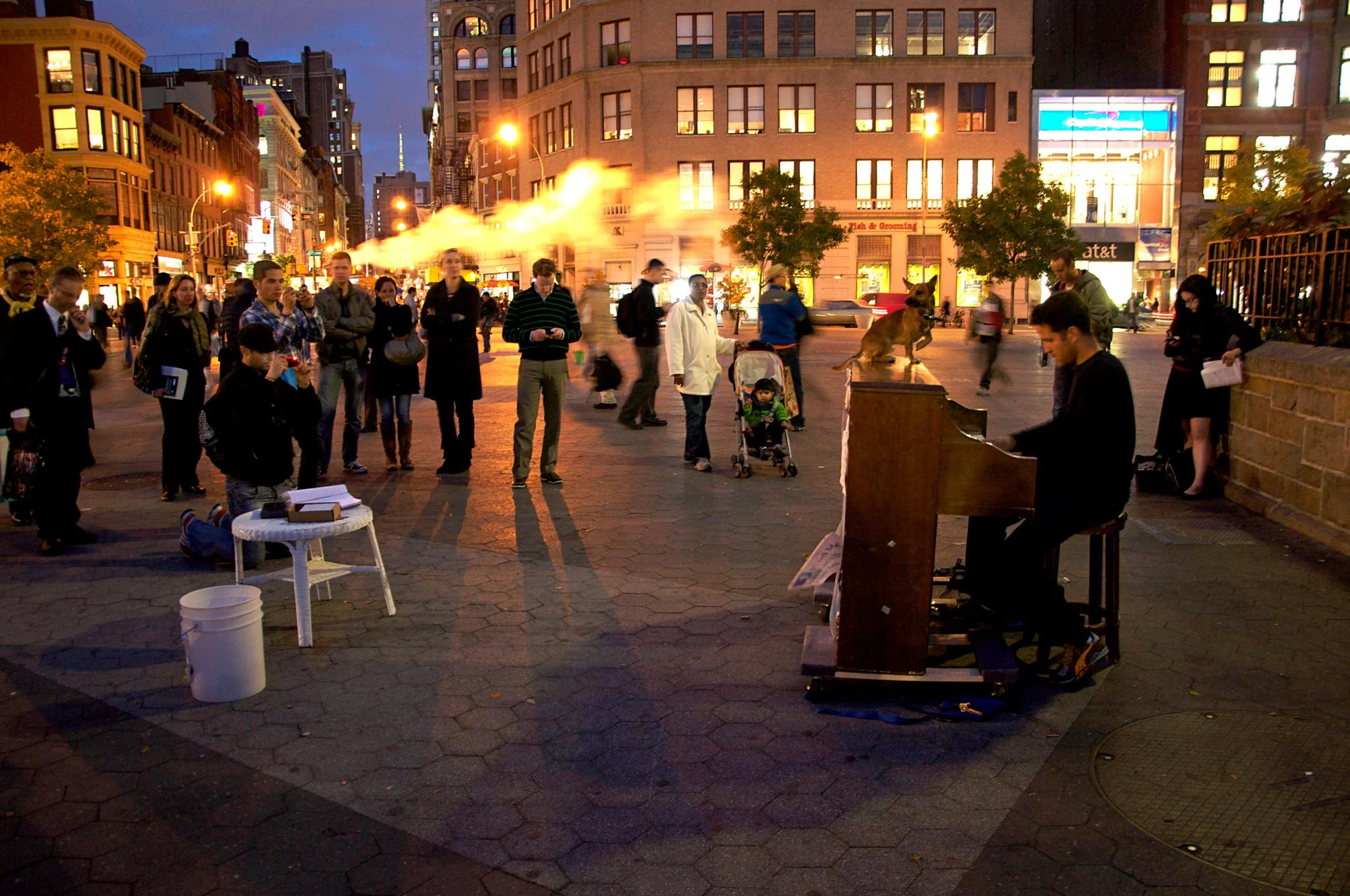 Alone at the piano in Union Square at night, Brando on top, the city moving past